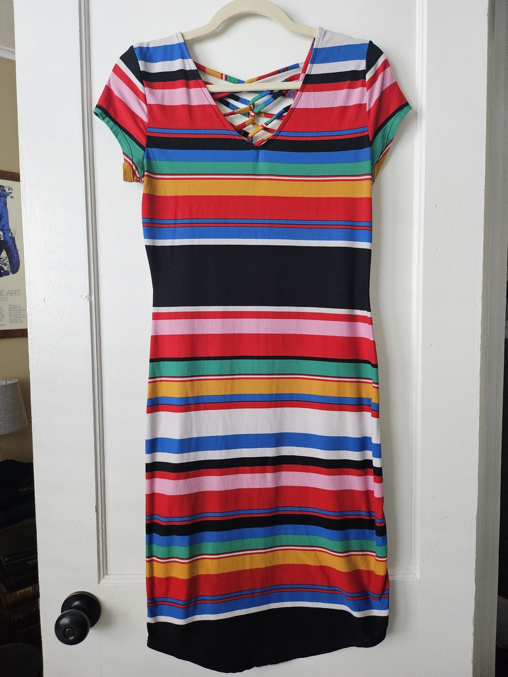 Multicolor Striped Crisscross V-Neck Midi Dress